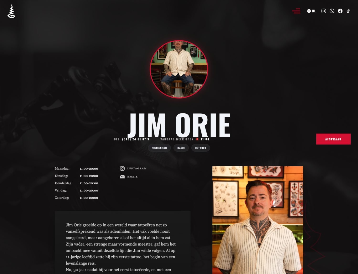 Artiestenpagina met openingstijden